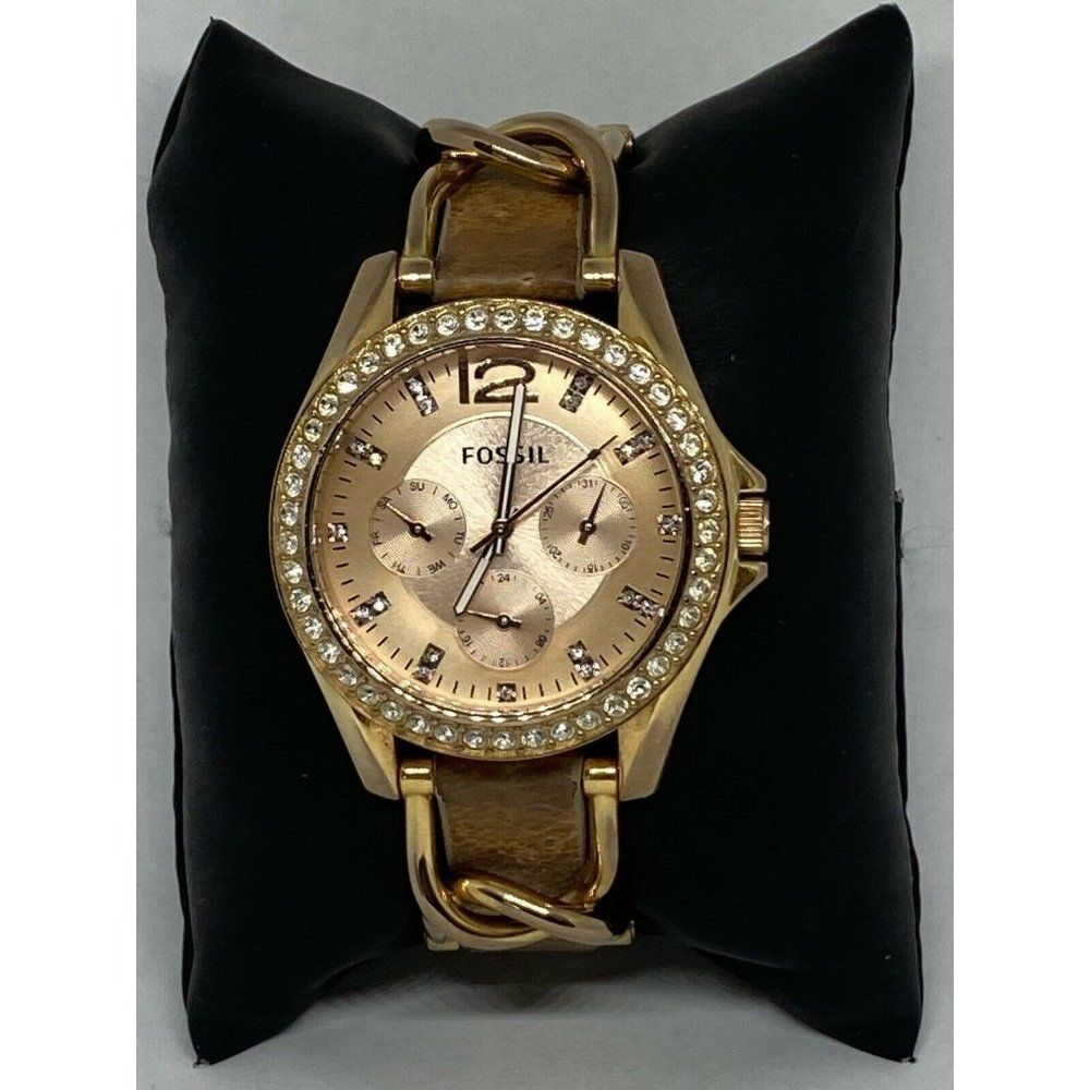 Fossil Riley ES3466 Women's Leather Analog Rose Di